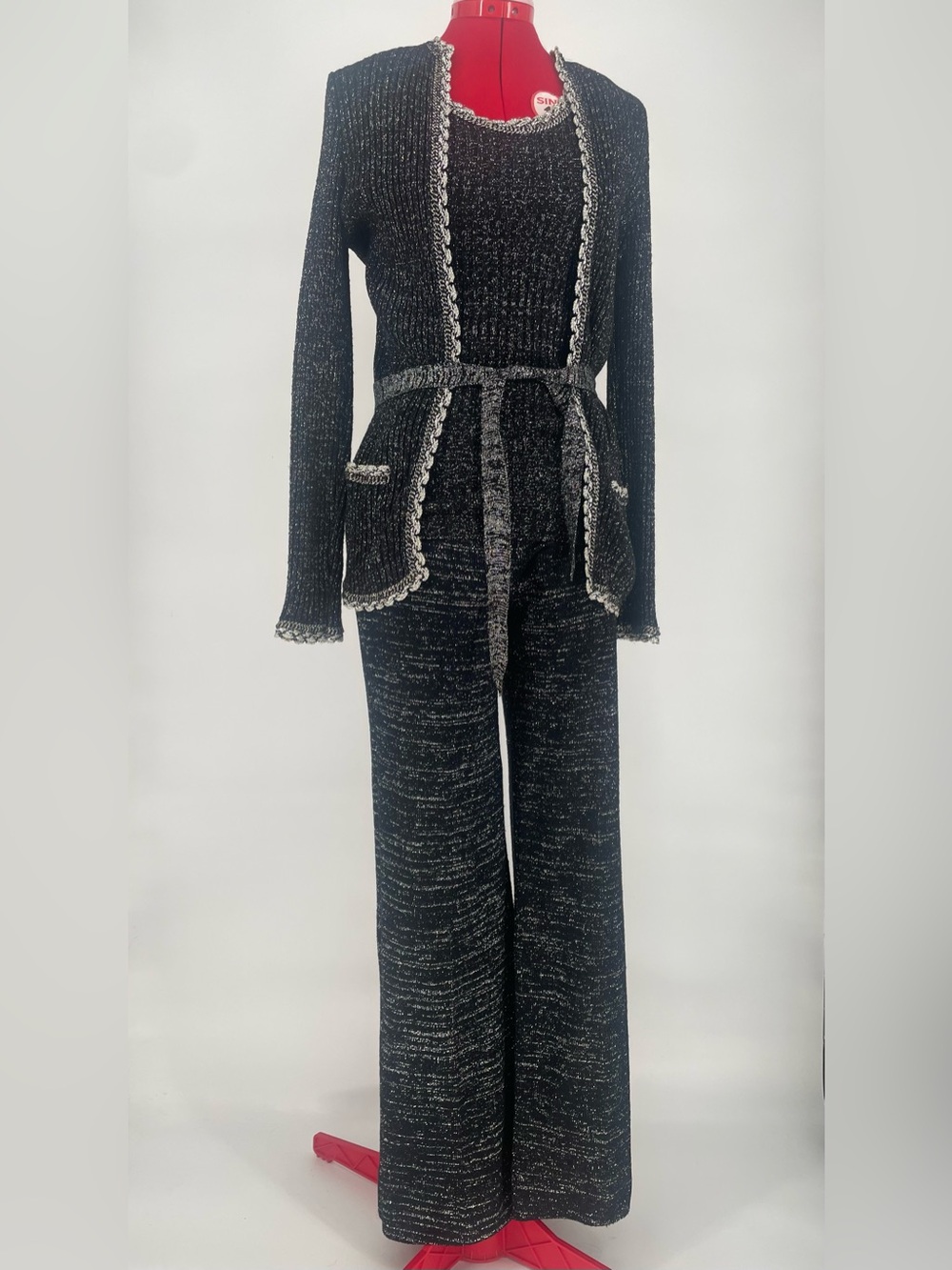 60s Black & Silver Metallic Knit 3 Piece Coord Pants Set Tank Top & Cardigan